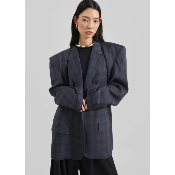 The Frankie Shop Marnay Padded Blazer – Navy Plaid, view 2