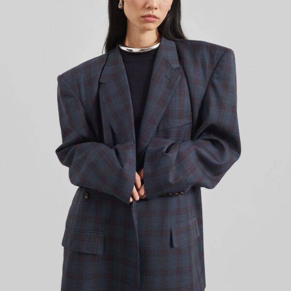 The Frankie Shop Marnay Padded Blazer - Navy Plaid - Oversized Minimalist Jackets in Blue - Shop at Coveti
