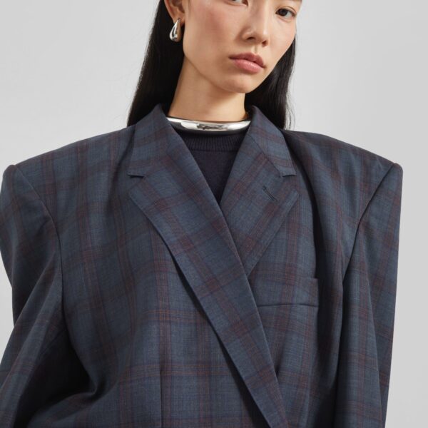 The Frankie Shop Marnay Padded Blazer - Navy Plaid - Oversized Minimalist Jackets in Blue - Shop at Coveti