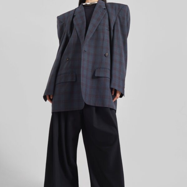 The Frankie Shop Marnay Padded Blazer - Navy Plaid - Oversized Minimalist Jackets in Blue - Shop at Coveti