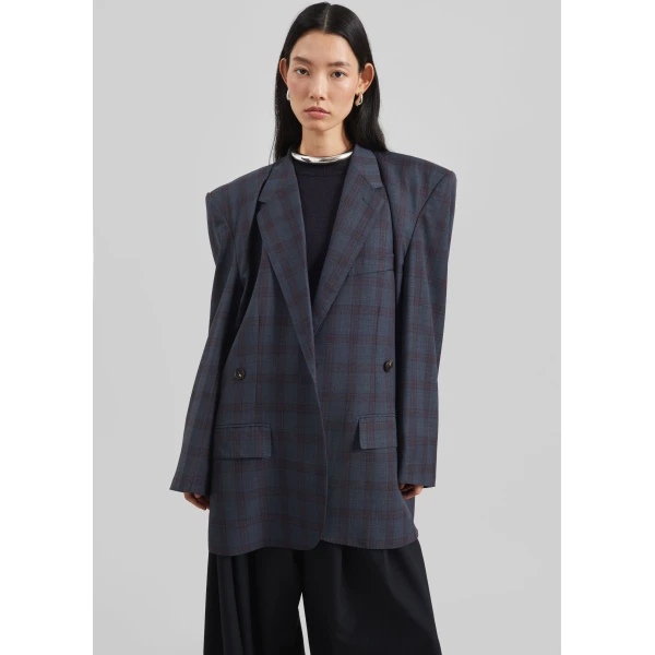 The Frankie Shop Marnay Padded Blazer – Navy Plaid, view 5