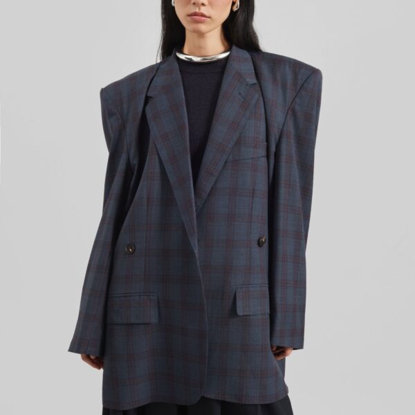 The Frankie Shop Marnay Padded Blazer - Navy Plaid - Oversized Minimalist Jackets in Blue - Shop at Coveti