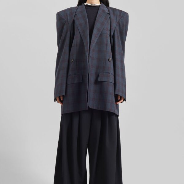 The Frankie Shop Marnay Padded Blazer - Navy Plaid - Oversized Minimalist Jackets in Blue - Shop at Coveti