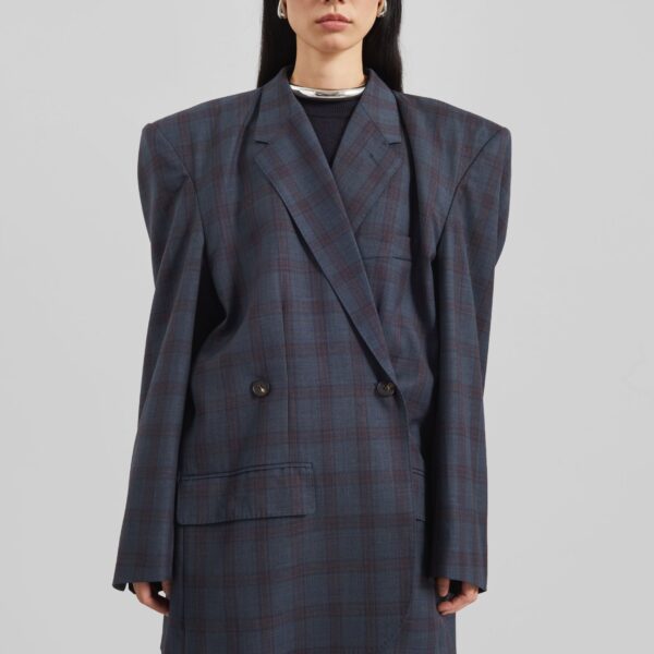 The Frankie Shop Marnay Padded Blazer - Navy Plaid - Oversized Minimalist Jackets in Blue - Shop at Coveti
