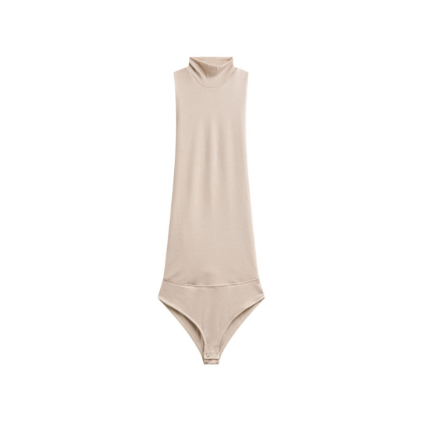 The Frankie Shop Maxen Mock Neck Bodysuit - Beige - Oversized Minimalist Bodysuit in Beige - Shop at Coveti