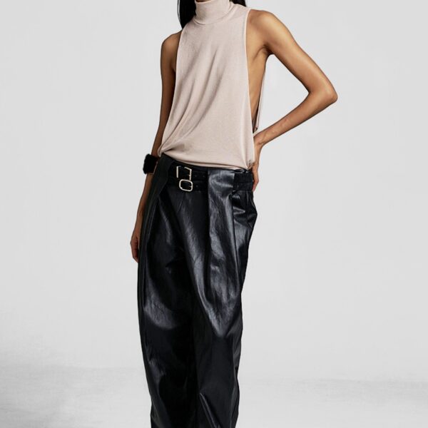 The Frankie Shop Maxen Mock Neck Bodysuit - Beige - Oversized Minimalist Bodysuit in Beige - Shop at Coveti