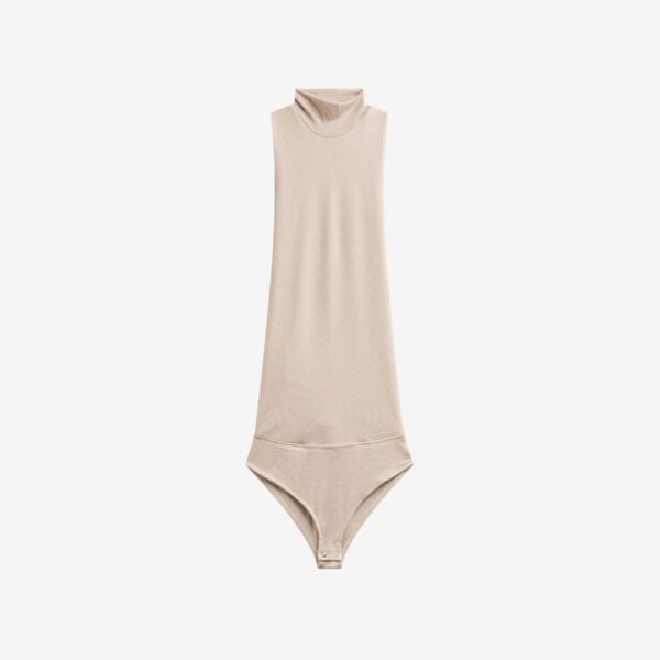 The Frankie Shop Maxen Mock Neck Bodysuit - Beige - Oversized Minimalist Bodysuit in Beige - Shop at Coveti
