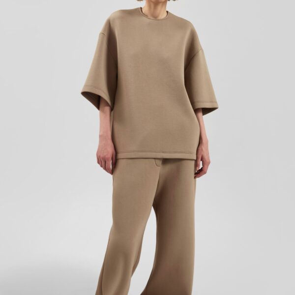 The Frankie Shop Mirca Neoprene Elastic Pants - Camel - Oversized Minimalist Pants in Brown - Shop at Coveti