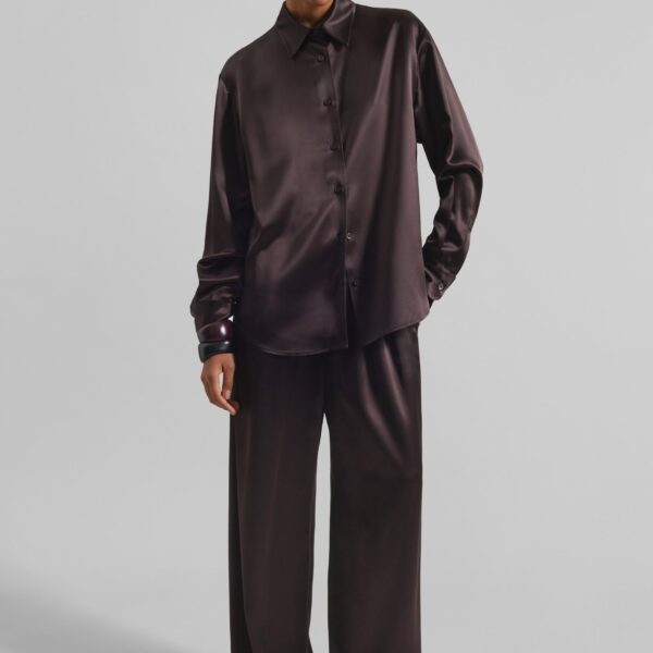 The Frankie Shop Mirca Satin Elastic Pants - Brown - Oversized Minimalist Pants in Brown - Shop at Coveti