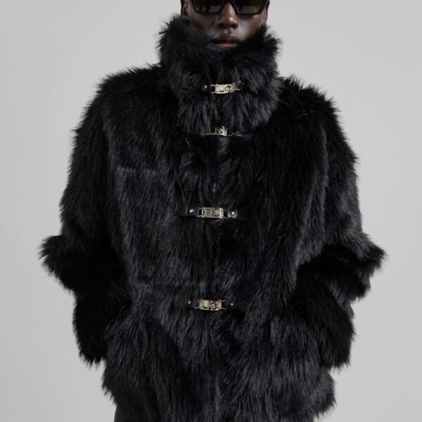 The Frankie Shop Moritz Faux Fur Buckle Jacket - Black - Oversized Minimalist Jackets in Black - Shop at Coveti