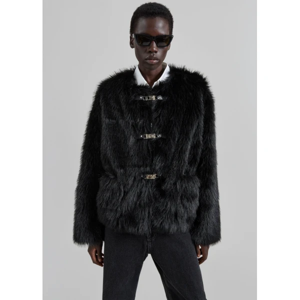 The Frankie Shop Moritz Faux Fur Buckle Jacket – Black, view 3