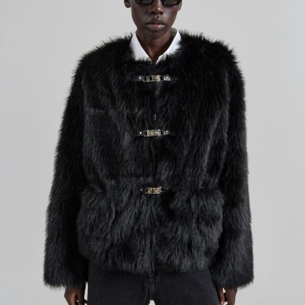 The Frankie Shop Moritz Faux Fur Buckle Jacket - Black - Oversized Minimalist Jackets in Black - Shop at Coveti