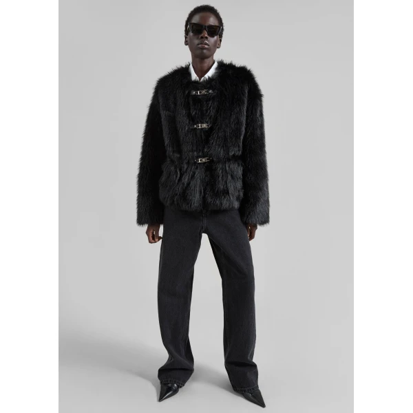 The Frankie Shop Moritz Faux Fur Buckle Jacket – Black, view 4