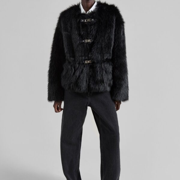 The Frankie Shop Moritz Faux Fur Buckle Jacket - Black - Oversized Minimalist Jackets in Black - Shop at Coveti