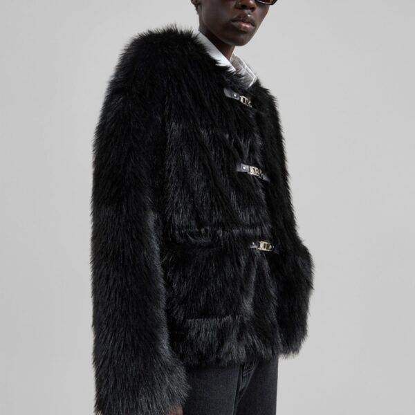 The Frankie Shop Moritz Faux Fur Buckle Jacket - Black - Oversized Minimalist Jackets in Black - Shop at Coveti