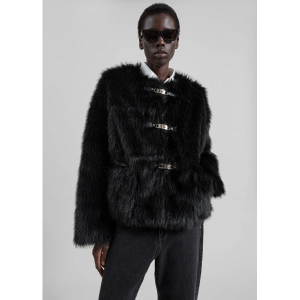 The Frankie Shop Moritz Faux Fur Buckle Jacket – Black, view 8