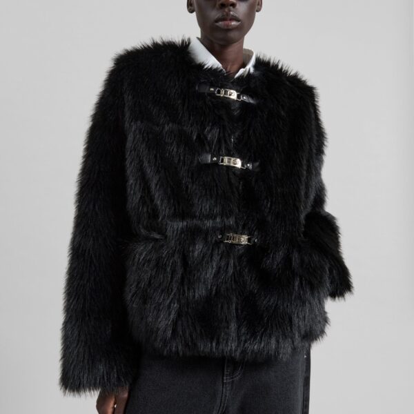 The Frankie Shop Moritz Faux Fur Buckle Jacket - Black - Oversized Minimalist Jackets in Black - Shop at Coveti