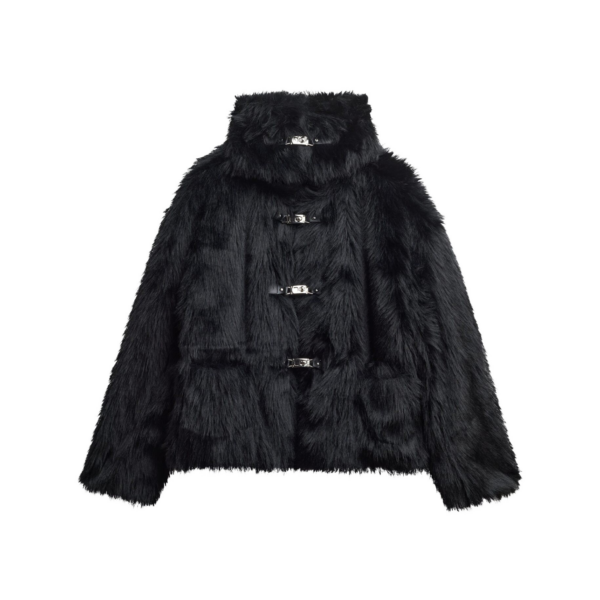 The Frankie Shop Moritz Faux Fur Buckle Jacket - Black - Oversized Minimalist Jackets in Black - Shop at Coveti