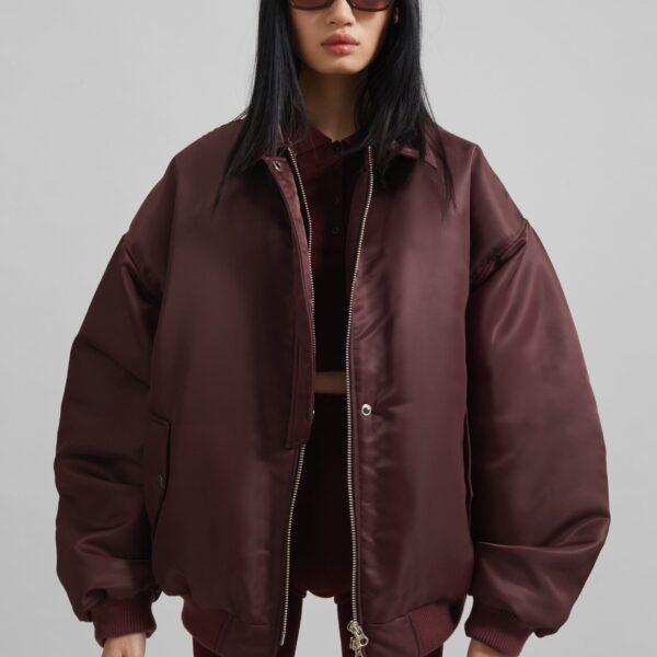 The Frankie Shop Nalden Padded Bomber Jacket - Burgundy - Oversized Minimalist Jackets in Red - Shop at Coveti