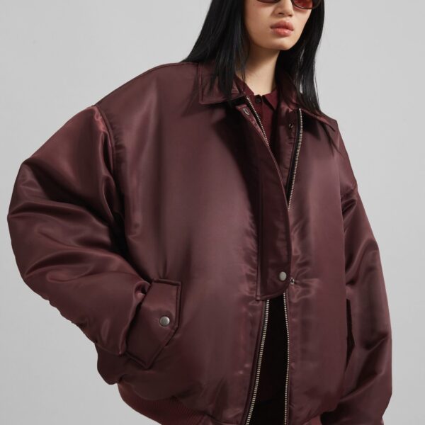 The Frankie Shop Nalden Padded Bomber Jacket - Burgundy - Oversized Minimalist Jackets in Red - Shop at Coveti