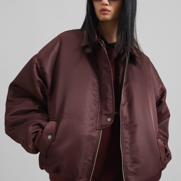 The Frankie Shop Nalden Padded Bomber Jacket - Burgundy - Oversized Minimalist Jackets in Red - Shop at Coveti