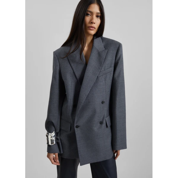 The Frankie Shop Newark Flannel Double Breasted Blazer – Grey Melange, view 5