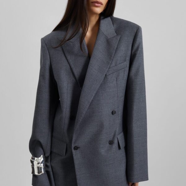 The Frankie Shop Newark Flannel Double Breasted Blazer - Grey Melange - Oversized Minimalist Jackets in Grey - Shop at Coveti