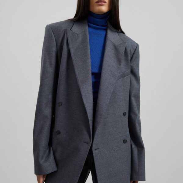 The Frankie Shop Newark Flannel Double Breasted Blazer - Grey Melange - Oversized Minimalist Jackets in Grey - Shop at Coveti