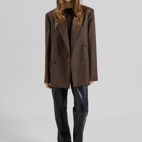 The Frankie Shop Newark Flannel Double Breasted Blazer - Mocha - Oversized Minimalist Jackets in Brown - Shop at Coveti