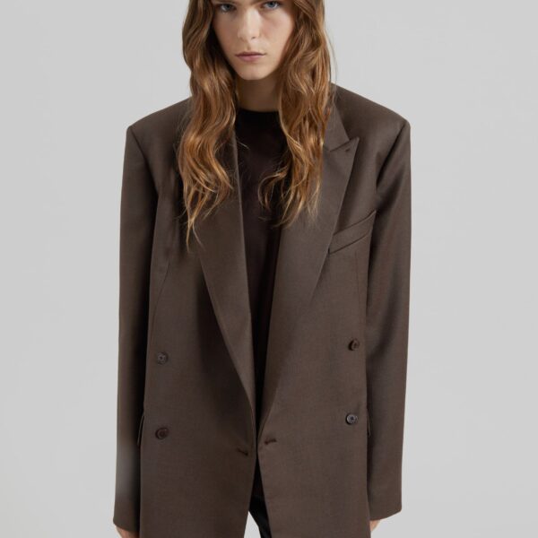 The Frankie Shop Newark Flannel Double Breasted Blazer - Mocha - Oversized Minimalist Jackets in Brown - Shop at Coveti