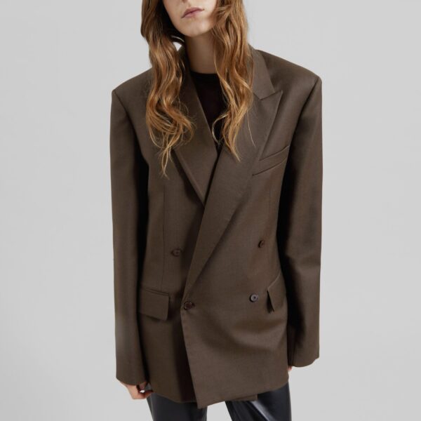 The Frankie Shop Newark Flannel Double Breasted Blazer - Mocha - Oversized Minimalist Jackets in Brown - Shop at Coveti
