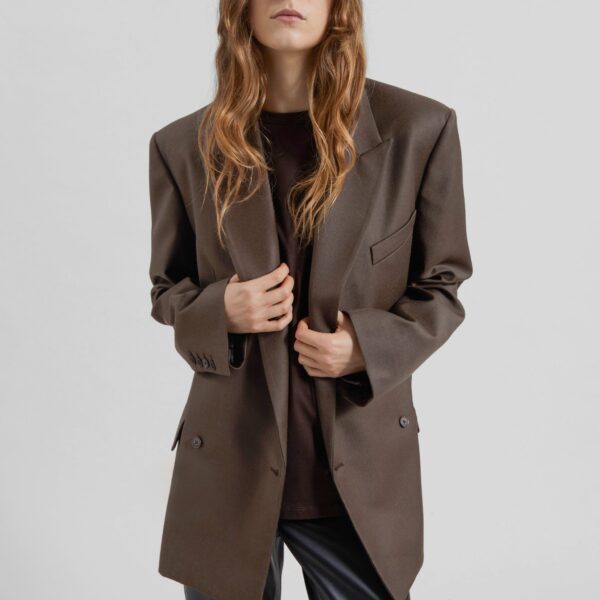 The Frankie Shop Newark Flannel Double Breasted Blazer - Mocha - Oversized Minimalist Jackets in Brown - Shop at Coveti