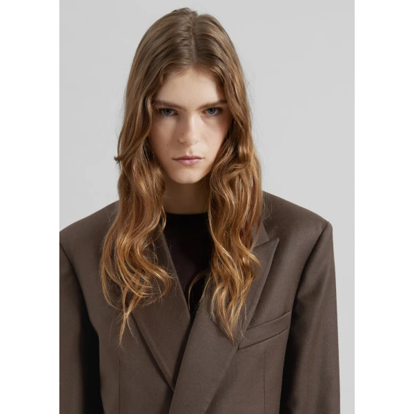 The Frankie Shop Newark Flannel Double Breasted Blazer - Mocha - Oversized Minimalist Jackets in Brown - Shop at Coveti