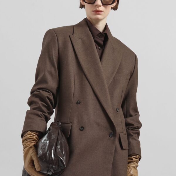The Frankie Shop Newark Flannel Double Breasted Blazer - Mocha - Oversized Minimalist Jackets in Brown - Shop at Coveti