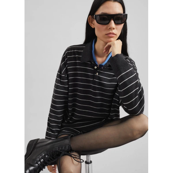 The Frankie Shop Nolma Knit Polo Sweater – Grey/White Stripe, view 2