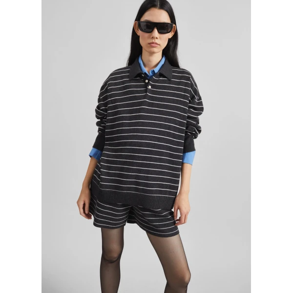 The Frankie Shop Nolma Knit Polo Sweater – Grey/White Stripe, view 3