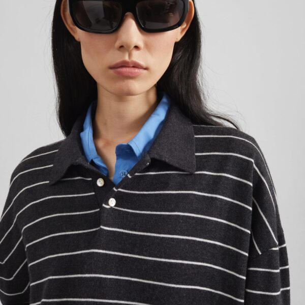 The Frankie Shop Nolma Knit Polo Sweater - Grey/White Stripe - Oversized Minimalist Tops in Grey - Shop at Coveti