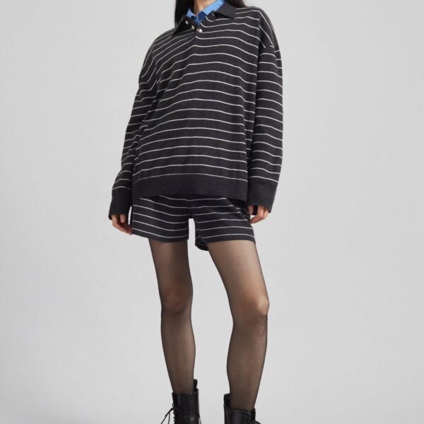 The Frankie Shop Nolma Knit Polo Sweater - Grey/White Stripe - Oversized Minimalist Tops in Grey - Shop at Coveti