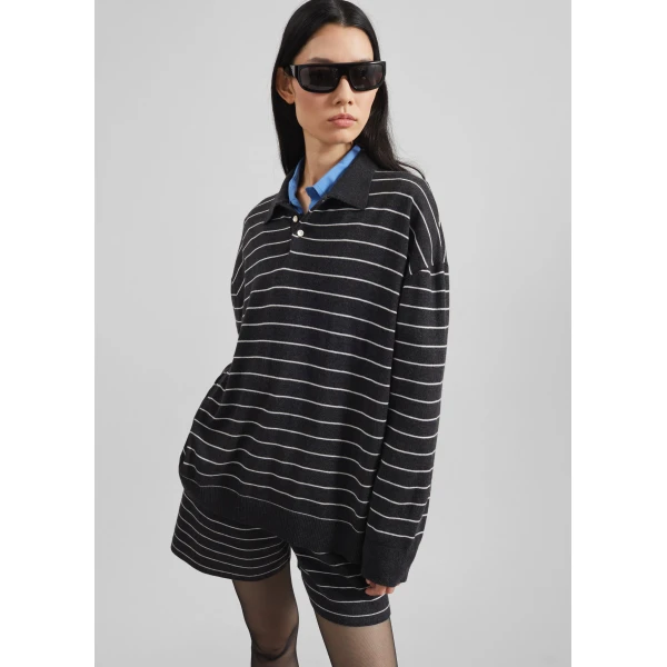 The Frankie Shop Nolma Knit Polo Sweater – Grey/White Stripe, view 7