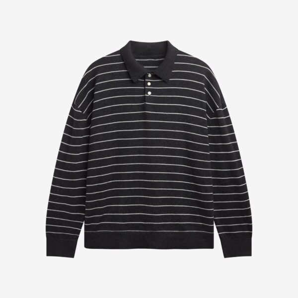 The Frankie Shop Nolma Knit Polo Sweater - Grey/White Stripe - Oversized Minimalist Tops in Grey - Shop at Coveti