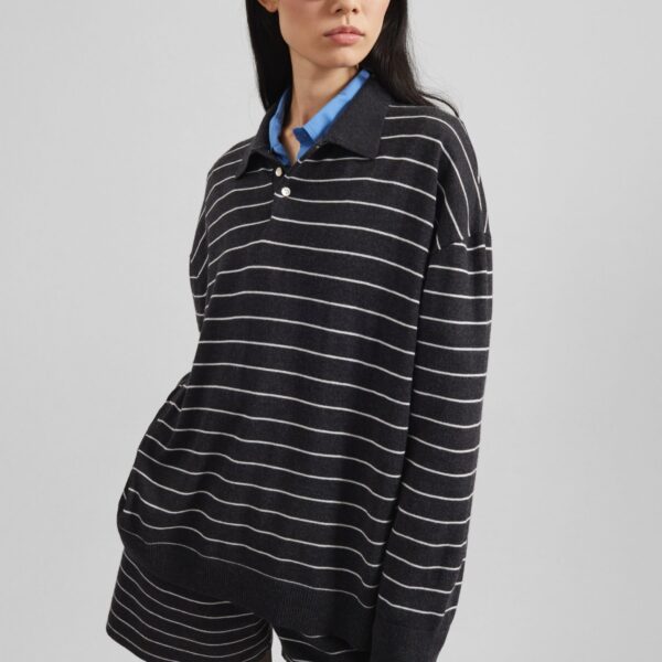 The Frankie Shop Nolma Knit Shorts - Grey/White Stripe - Oversized Minimalist Shorts in Grey - Shop at Coveti