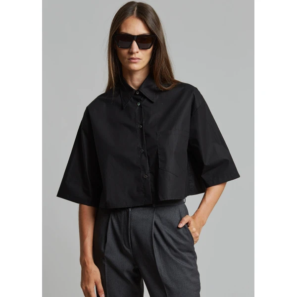 The Frankie Shop Odem Cropped Shirt - Black - Oversized Minimalist Tops in Black - Shop at Coveti