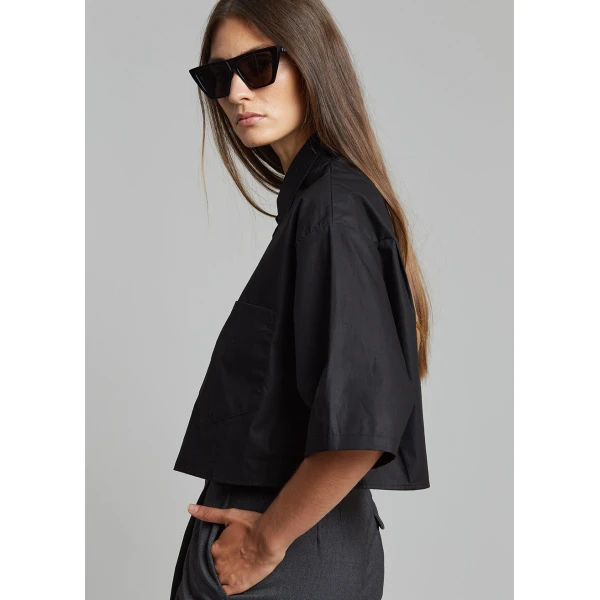 The Frankie Shop Odem Cropped Shirt - Black - Oversized Minimalist Tops in Black - Shop at Coveti
