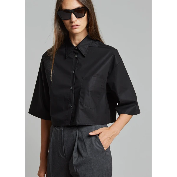 The Frankie Shop Odem Cropped Shirt - Black - Oversized Minimalist Tops in Black - Shop at Coveti