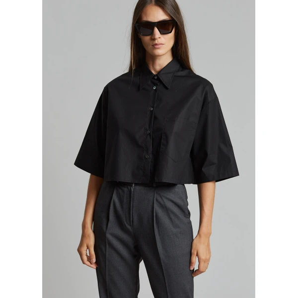 The Frankie Shop Odem Cropped Shirt - Black - Oversized Minimalist Tops in Black - Shop at Coveti