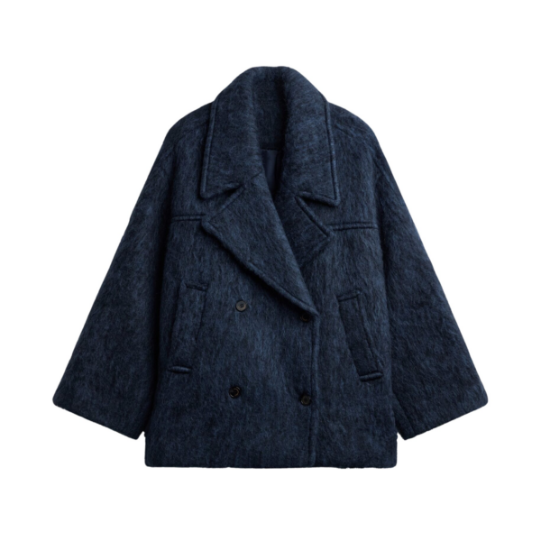The Frankie Shop Odeone Brushed Wool Peacoat - Navy Melange - Oversized Minimalist Coats in Blue - Shop at Coveti