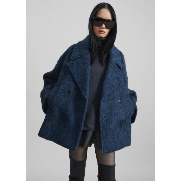 The Frankie Shop Odeone Brushed Wool Peacoat – Navy Melange Coat, view 3