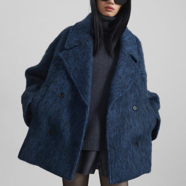 The Frankie Shop Odeone Brushed Wool Peacoat - Navy Melange - Oversized Minimalist Coats in Blue - Shop at Coveti