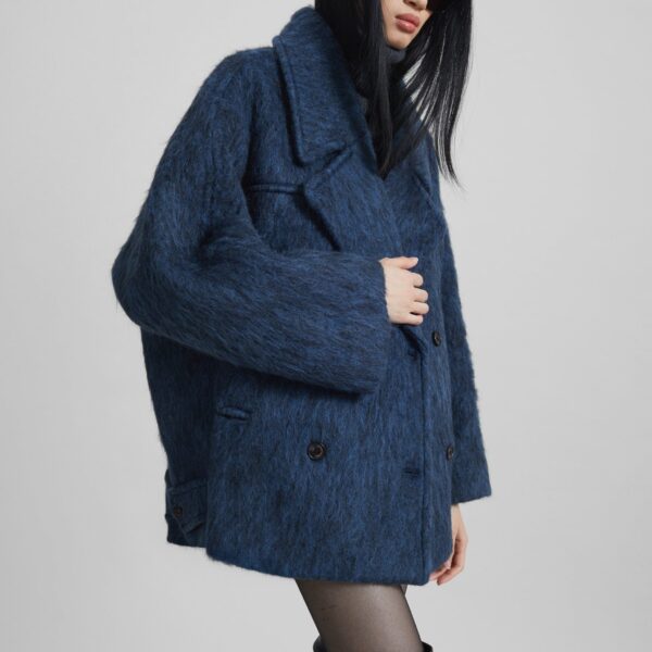 The Frankie Shop Odeone Brushed Wool Peacoat - Navy Melange - Oversized Minimalist Coats in Blue - Shop at Coveti