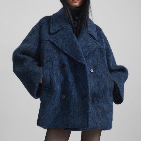 The Frankie Shop Odeone Brushed Wool Peacoat - Navy Melange - Oversized Minimalist Coats in Blue - Shop at Coveti